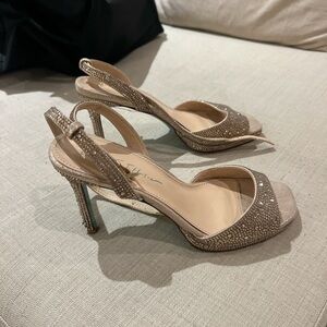 Besty Johnson, beige heels, badazzled